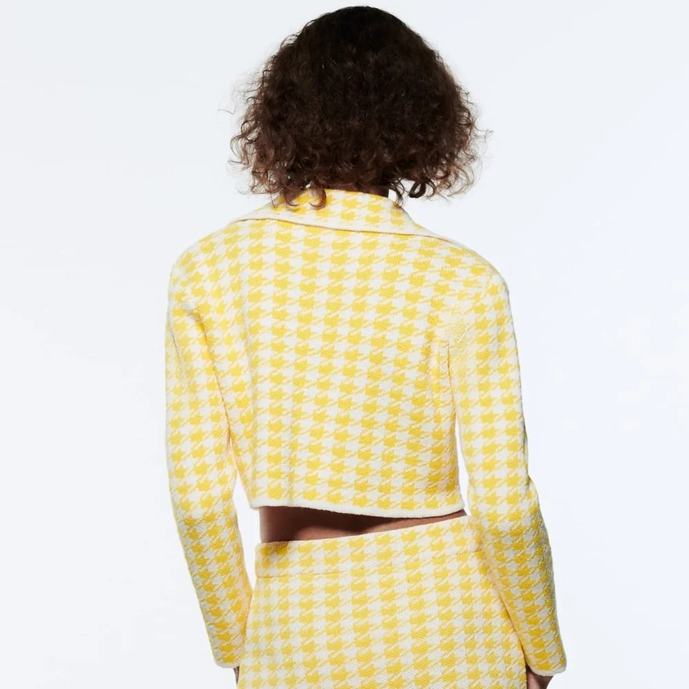 Zara Yellow Houndstooth Cropped Cardigan - Picture 9 of 16